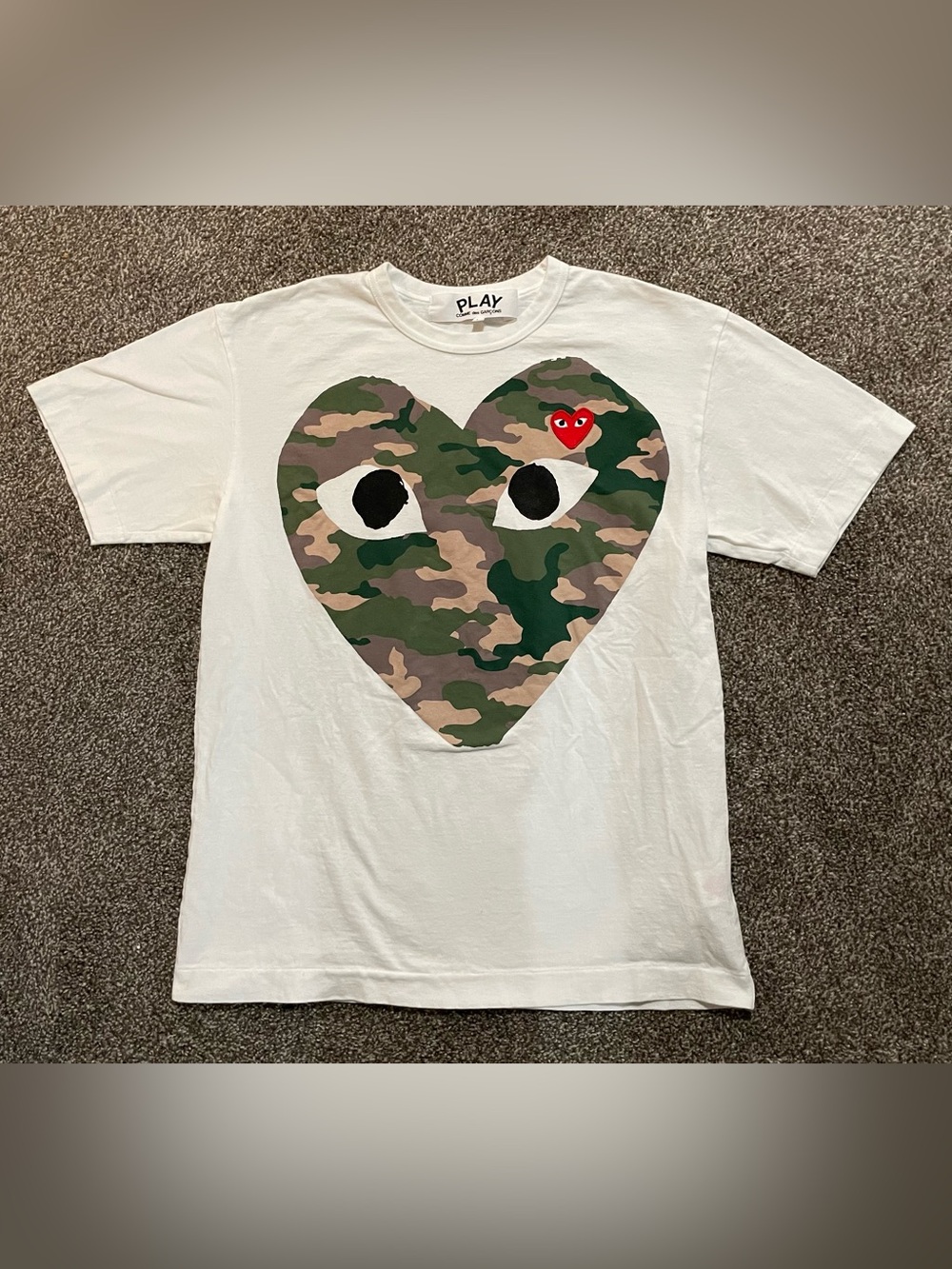 Comme des Garçons PLAY White Tee with Camo Heart and Red Heart Accent